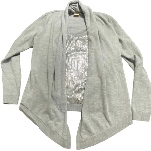 Michael Kors Sweater Sequins Cardigan and Tank Cotton Blend Top Silver Grey S/P - Picture 7 of 11